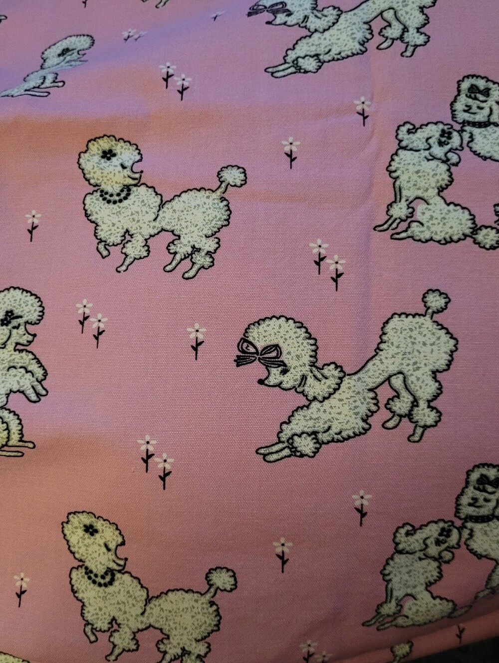 Vintage FIFI White Poodles on Pink Screen Print Canvas Fabric By the YARD